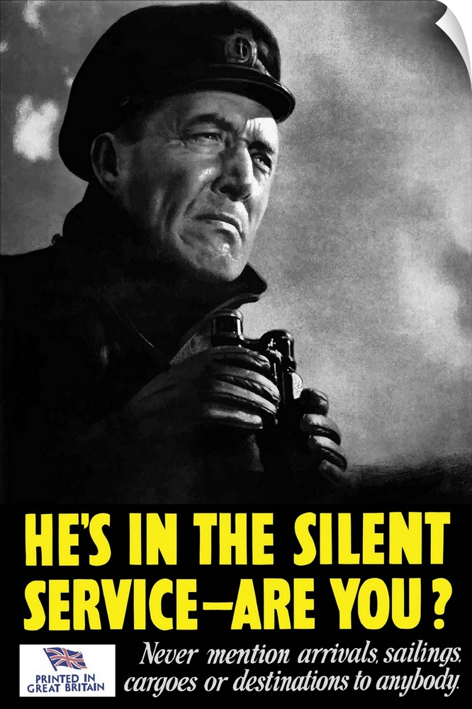 Vintage World War II poster of a naval officer holding binoculars while on the lookout. It declares, He's in the silent se...