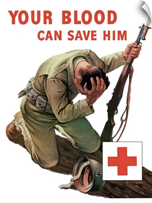 Vintage World War II poster of a soldier kneeling and holding his head