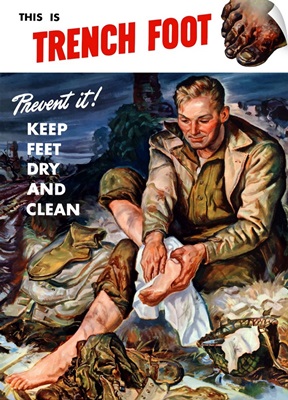 Vintage World War II poster of a soldier on the battlefield changing his socks