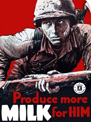 Vintage World War II poster of a soldier, rifle in his hand, charging forward