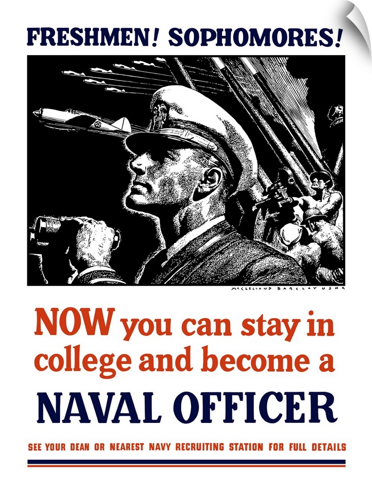Vintage World War II poster of a U.S. Naval Officer holding binoculars. Behind him sailors fire anti-aircraft guns as plan...