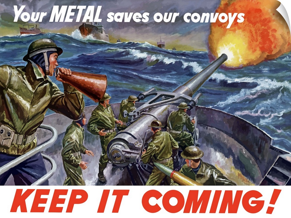 Vintage World War II poster of ships at sea, firing artillery rounds into the distance. It declares - Your Metal Saves Our...