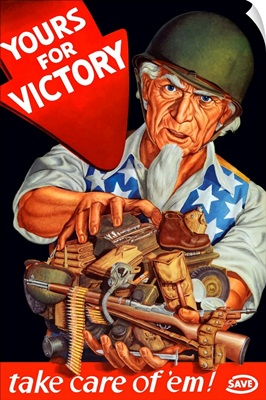 Vintage World War II poster of Uncle Sam wearing a helmet and holding supplies