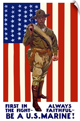 Vintage World War One poster of a US Marine holding his sidearm