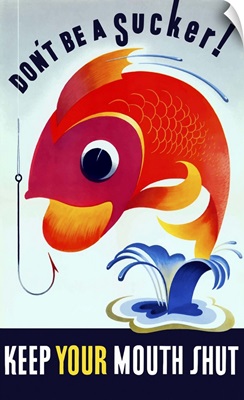 Vintage WW2 poster of a colorful fish jumping from a pond