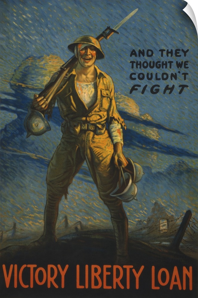 Vintage WWI military propaganda poster of a wounded American soldier on the battlefield, carrying several German helmets.