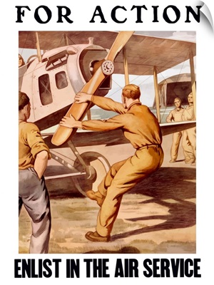 World War I poster of a U.S. airman cranking the propeller of an airplane