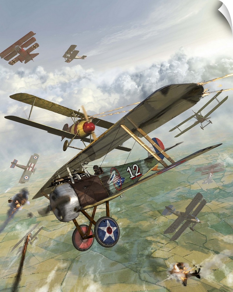 World War I U.S. bi-plane attacking German bi-planes.