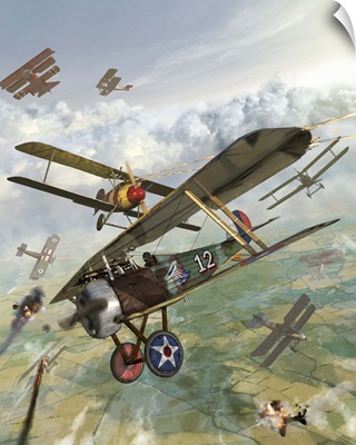 World War I U.S. bi-plane attacking German bi-planes