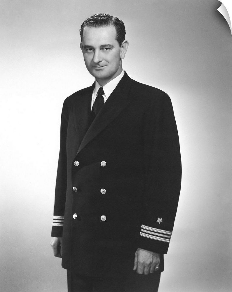 World War II portrait of a young Lyndon Johnson in his naval uniform.
