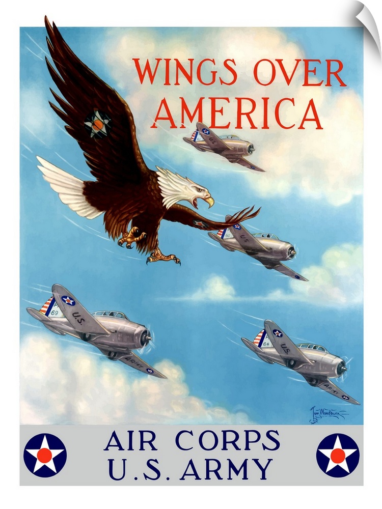 Vintage World War II poster of a bald eagle flying in the sky with fighter planes. It declares - Wings over America, Air C...
