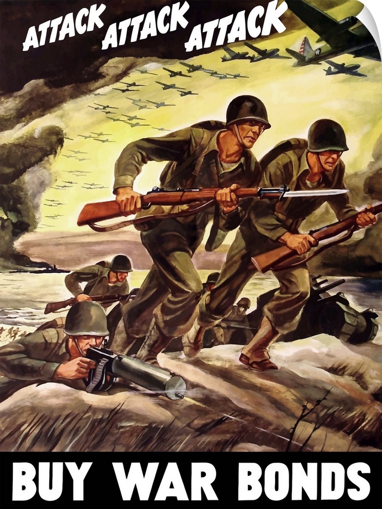 Vintage World War II propaganda poster featuring soldiers assaulting a beach with rifles, and bombers flying through the s...