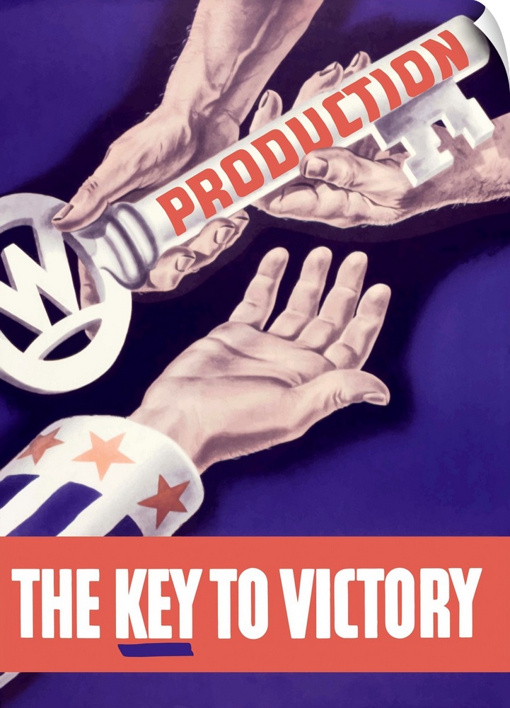 Vintage World War II propaganda poster featuring someone handing a large key to the hand of Uncle Sam. It reads, Productio...