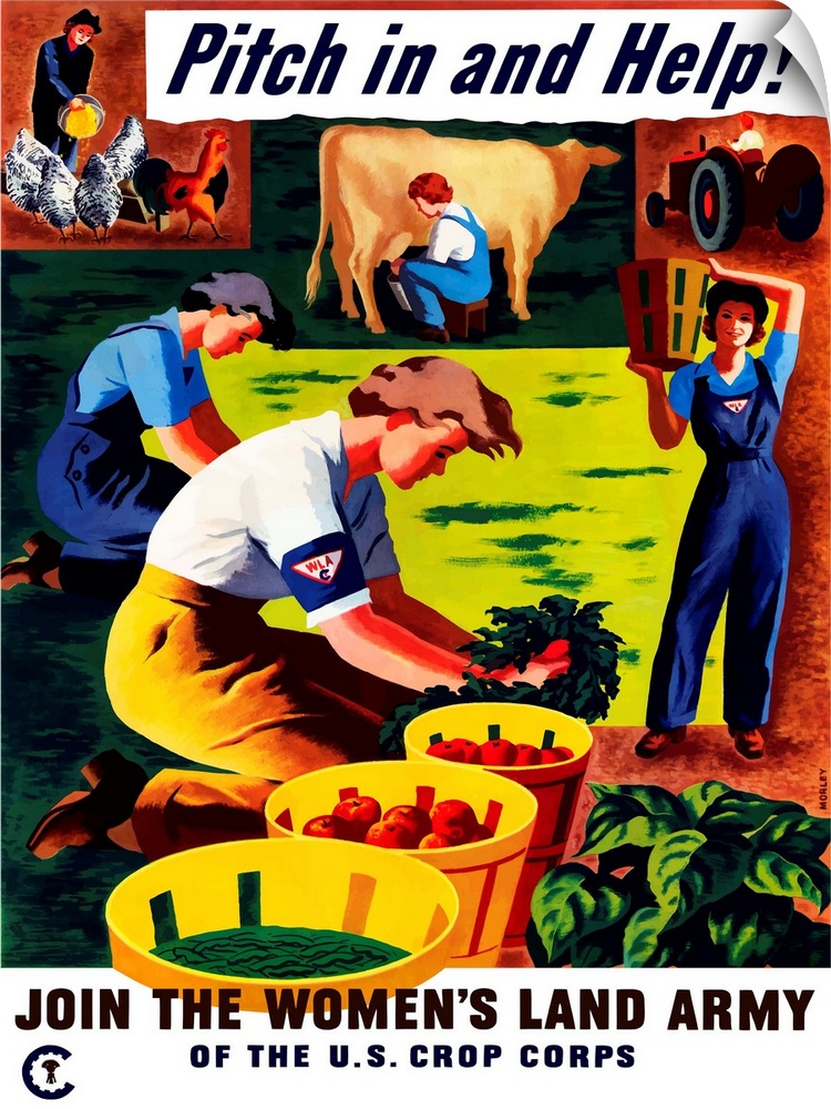 Vintage World War II propaganda poster featuring several women doing various chores on a farm. It reads, Pitch in and Help...