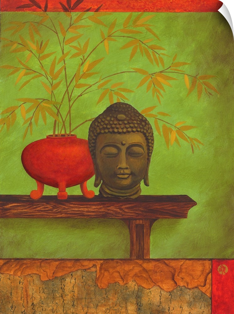 Asian style artwork of a bust of Buddha on a shelf with a red vase full of bamboo.