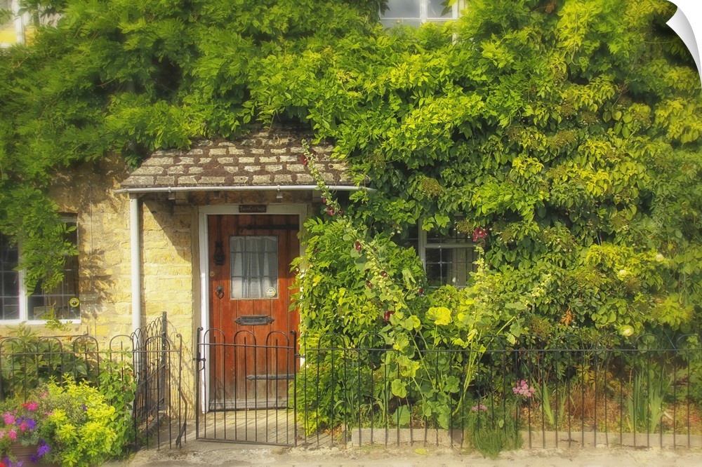 A cottage with a red door peeking out from lush green foliage.