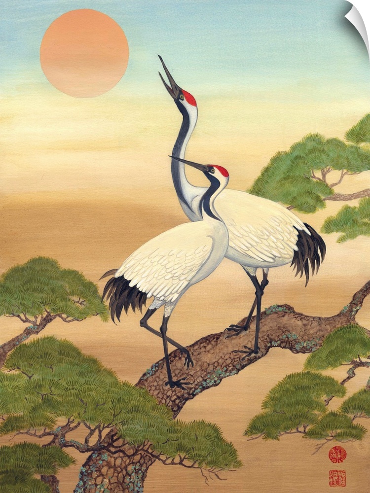 Asian style painting of two cranes perched in a tree, looking at the sun.