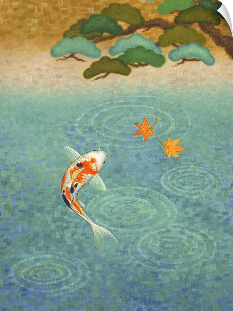 A colorful koi fish swimming in a pond under a tree.