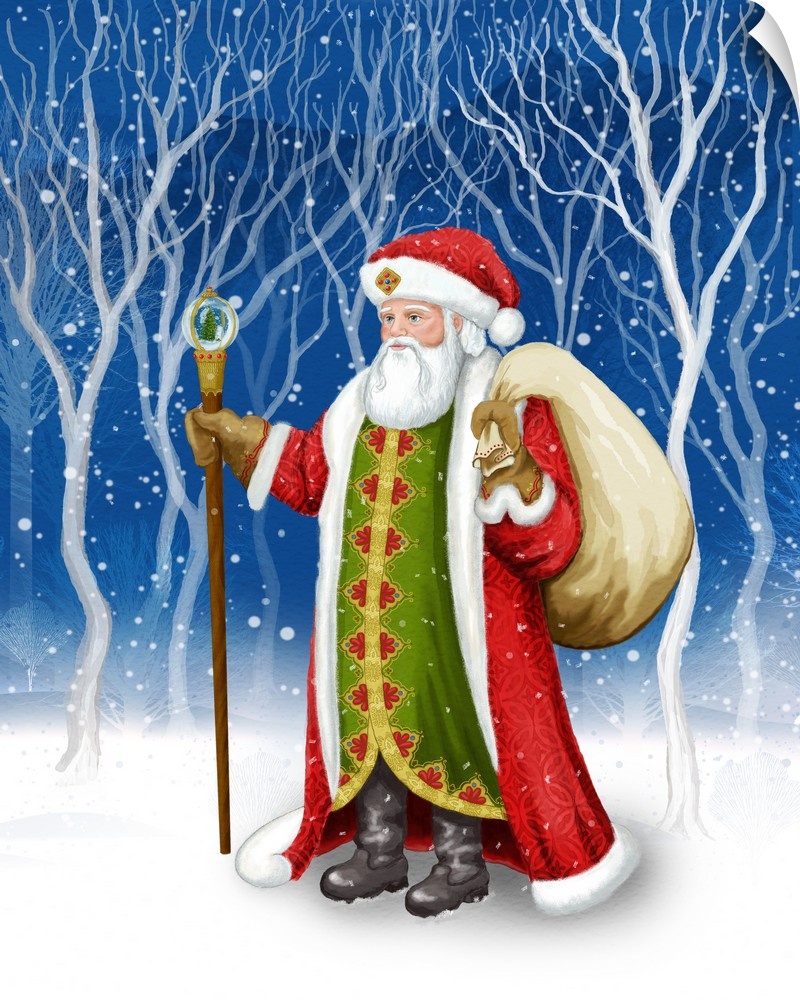 Traditional image of Santa Claus in a snowy forest.