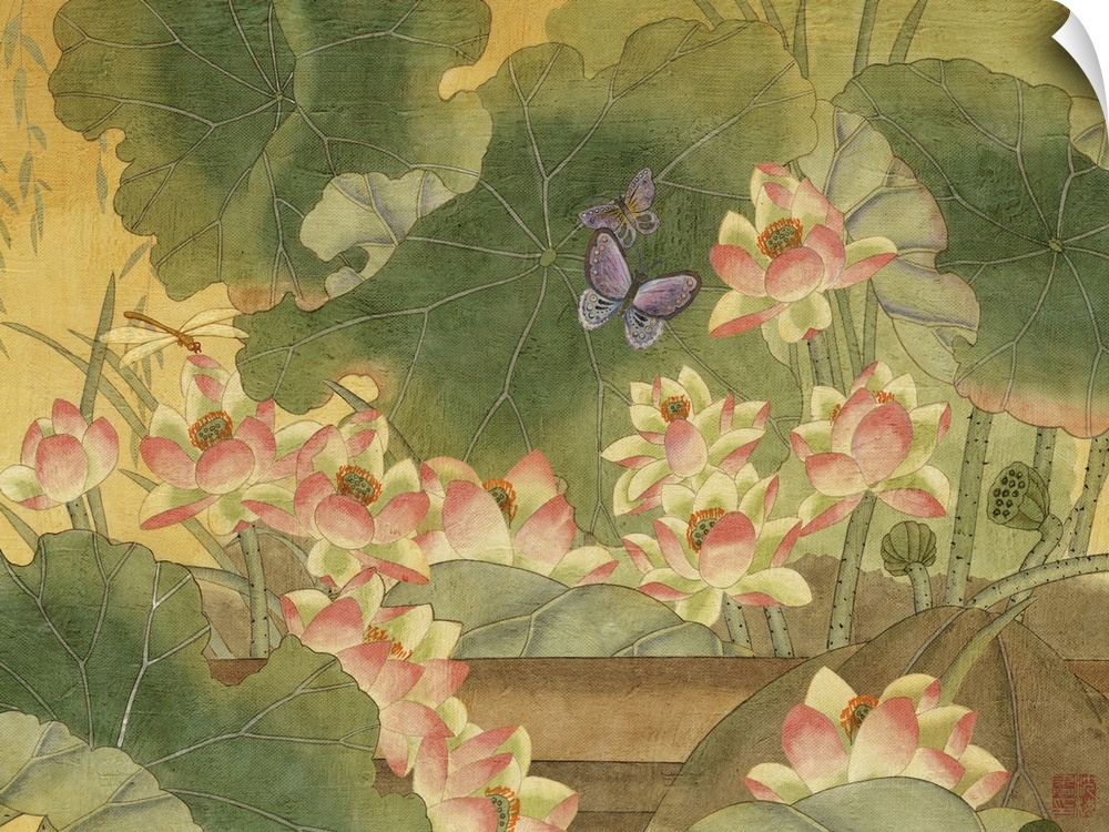Chinese style illustration of butterflies flying over water lilies.
