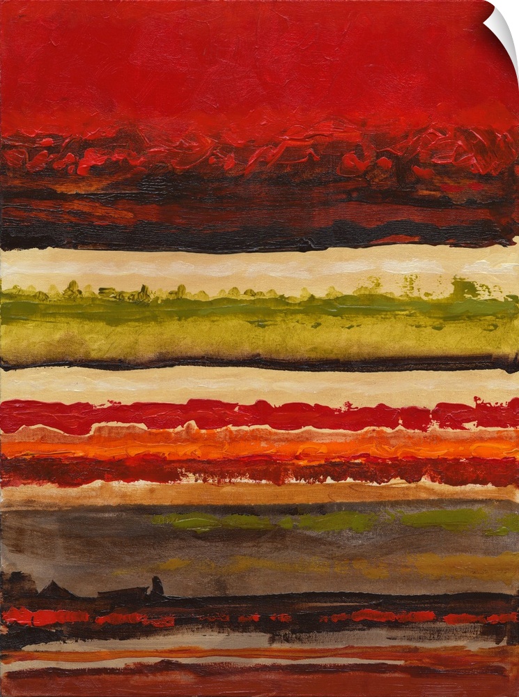 Abstract painting of horizontal layers in shades of red and green.