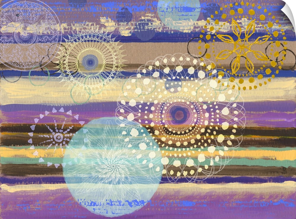 Abstract artwork of horizontal layers of yellow and purple, embellished with circular prints.