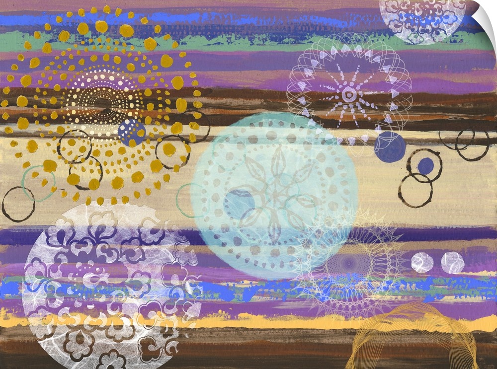 Abstract artwork of horizontal layers of yellow and purple, embellished with circular prints.