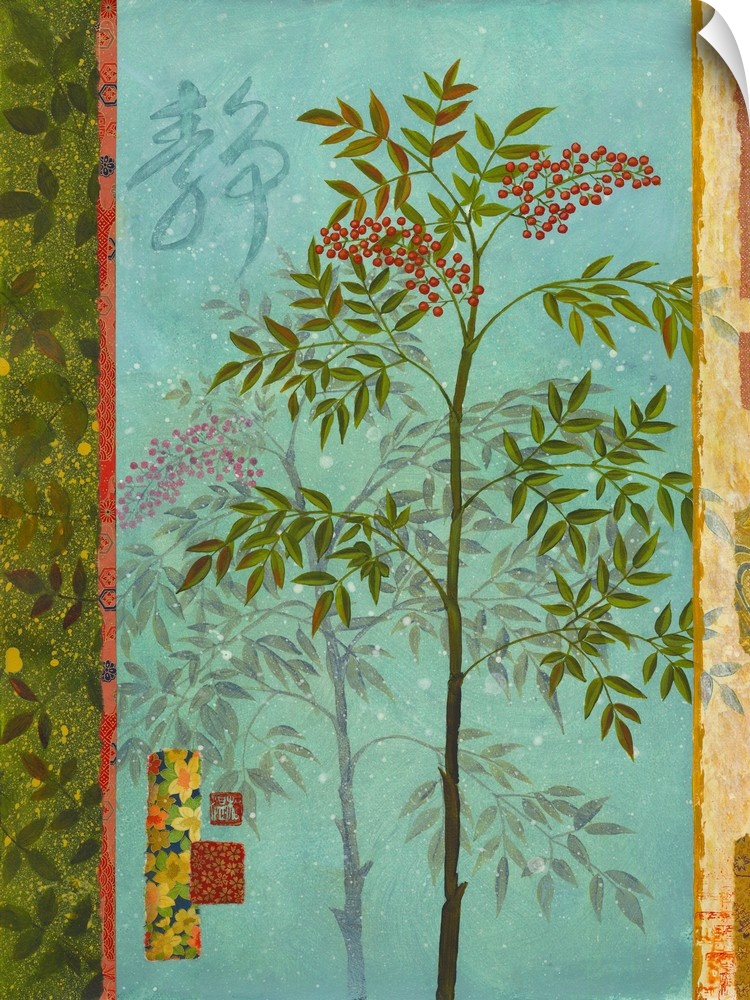 Asian style painting of a tree with red berries.