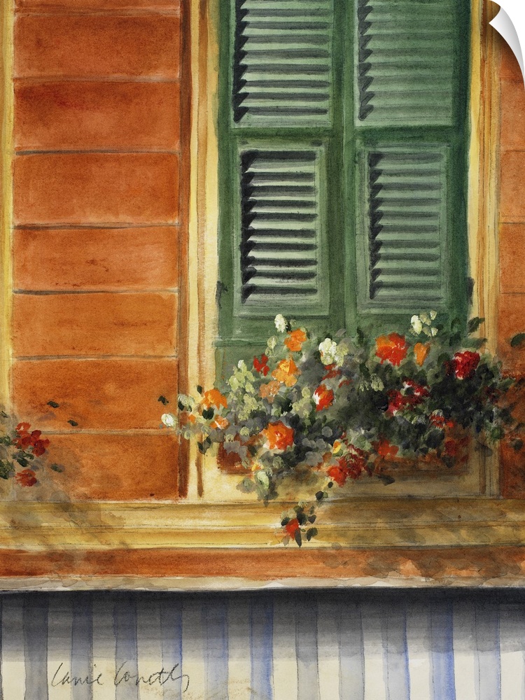 A painting of flowers that sit in a pot just below a window with green shutters that are closed.