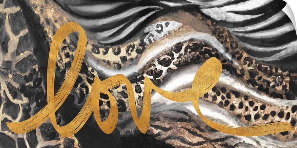 Golden text over animal print patterns.