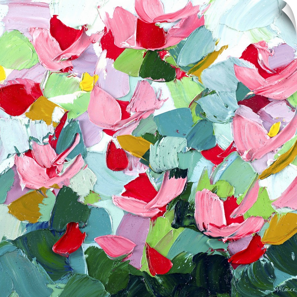Brightly colored abstract artwork with pink flowers on green.