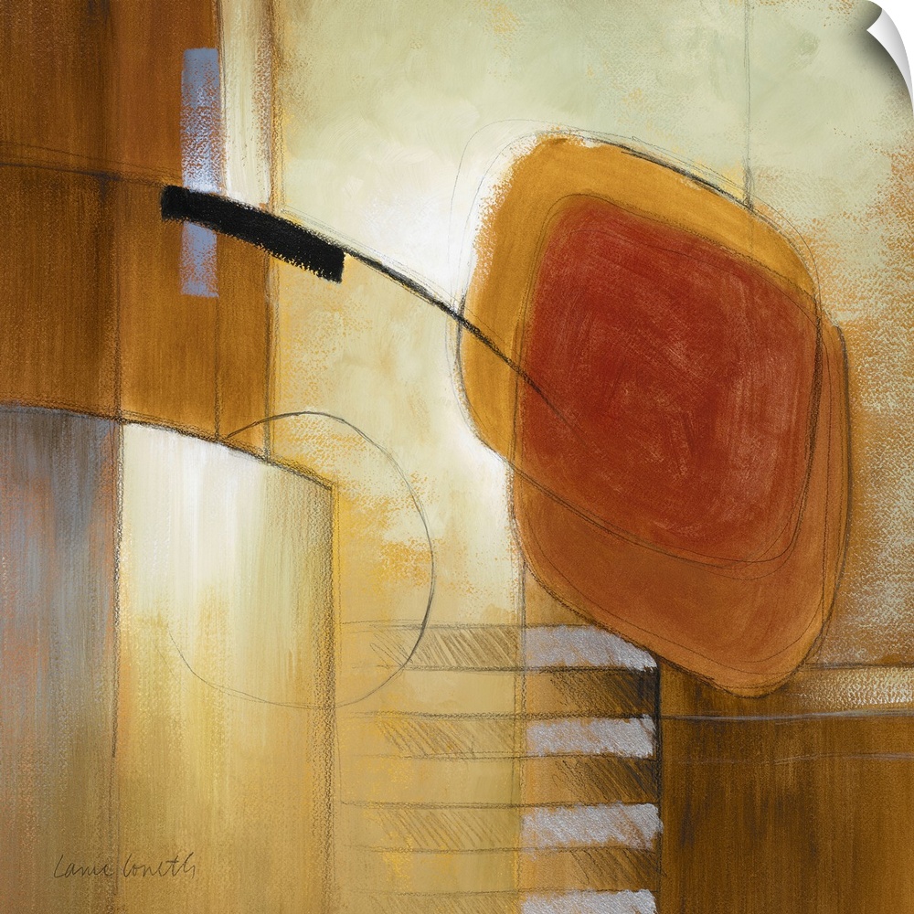 Abstract painting of warm colors and abstract shapes.