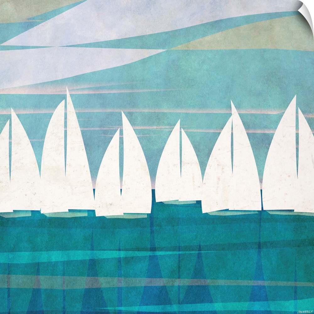 Digital art piece of silhouetted sail boats with the sails up as they glide across the water.