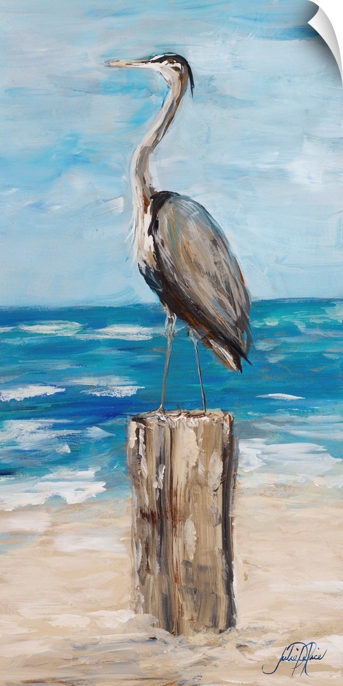 Contemporary painting of a heron standing on wooden post on a beach.