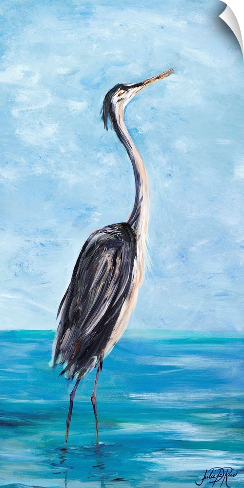 Contemporary painting of a heron wading through sea water.