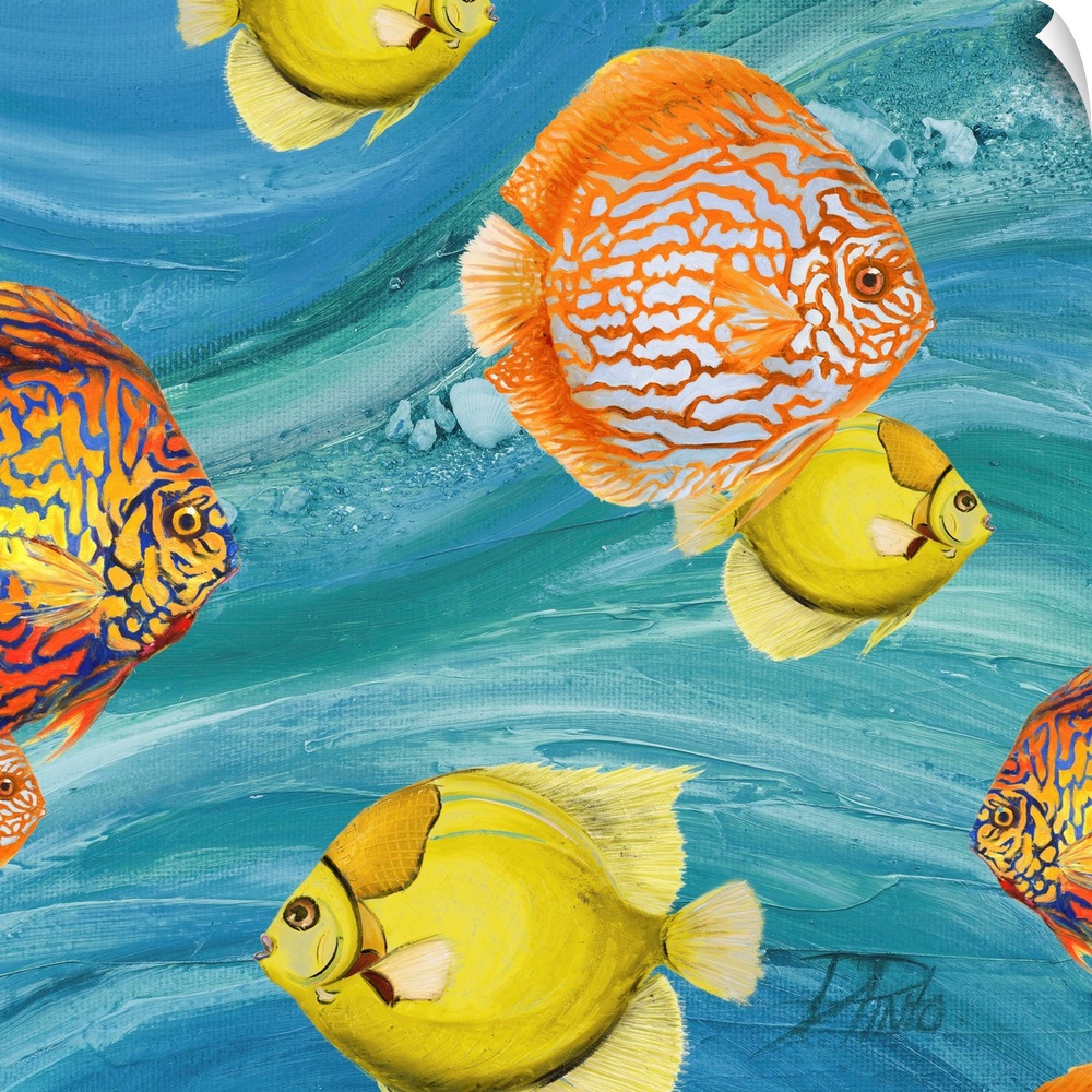 Decorative artwork of a group of tropical fish in yellow and orange.