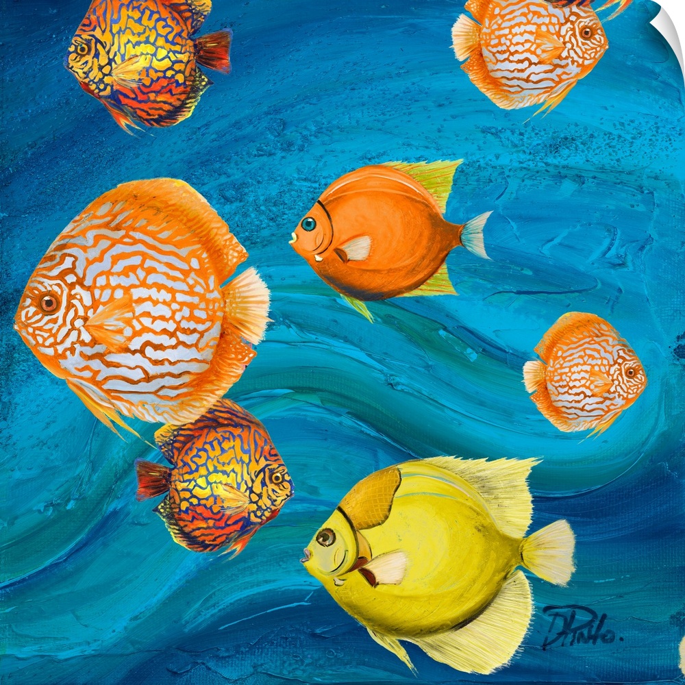 Decorative artwork of a group of tropical fish in yellow and orange.