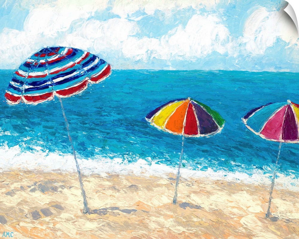 Painting of three beach umbrellas in the sand, overlooking the ocean.