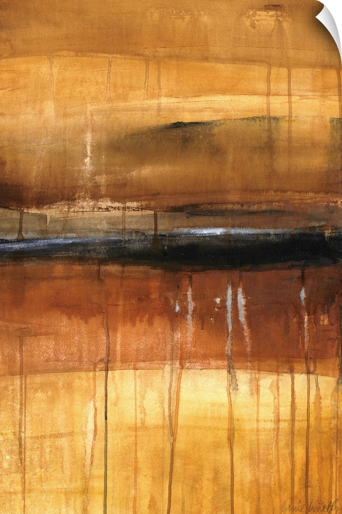 Vertical, abstract painting for a living room or office of large, horizontal brushstrokes in transitioning earth tones, wi...