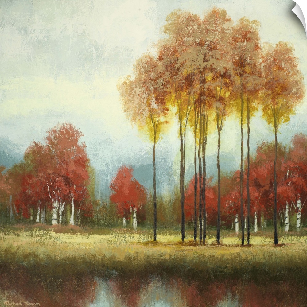 Painting of a countryside clearing with tall and short trees in autumn foliage in front a river.