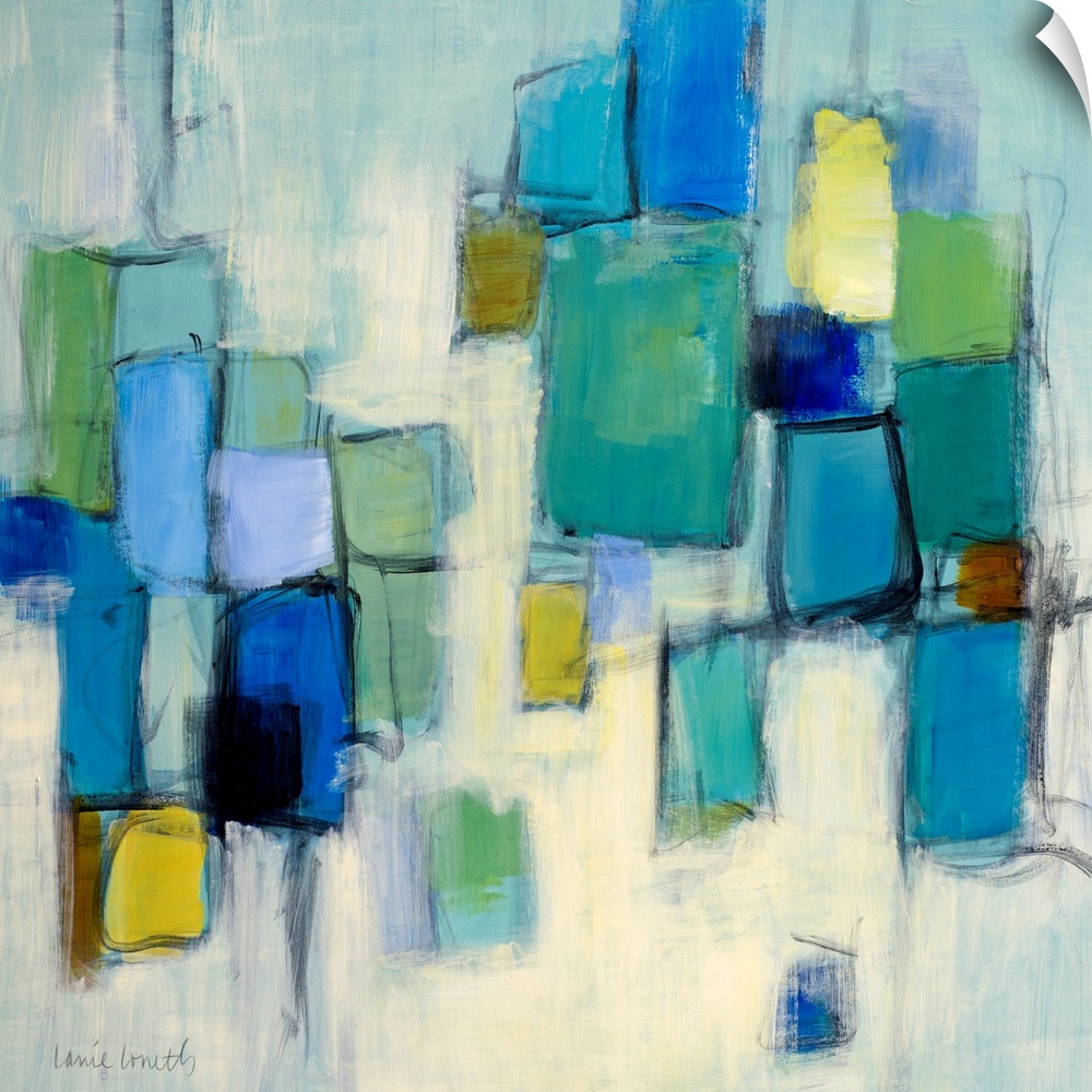 Big abstract art uses a variety of cool toned rectangles and squares to contrast the simple background.