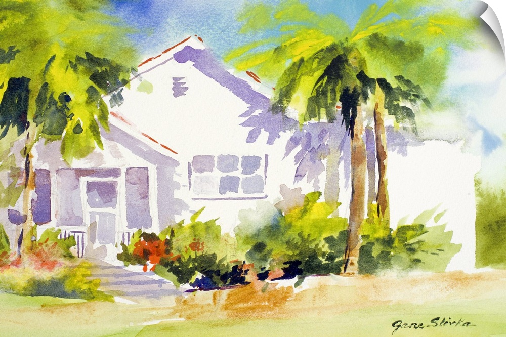 Painting of a white beach house with verdant palm trees.