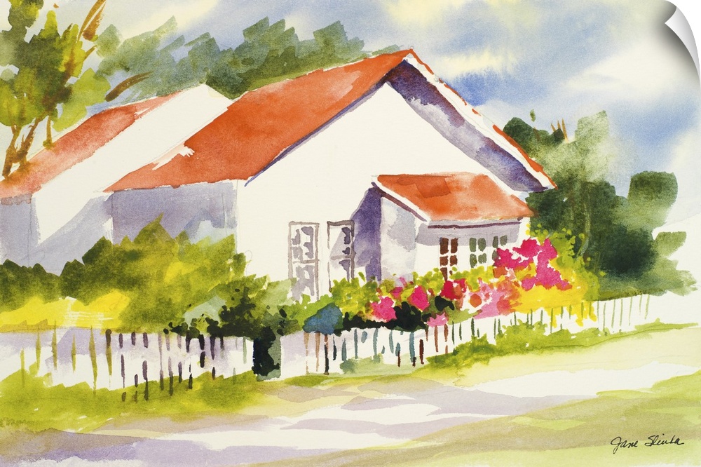 Painting of a white beach house with a red roof.