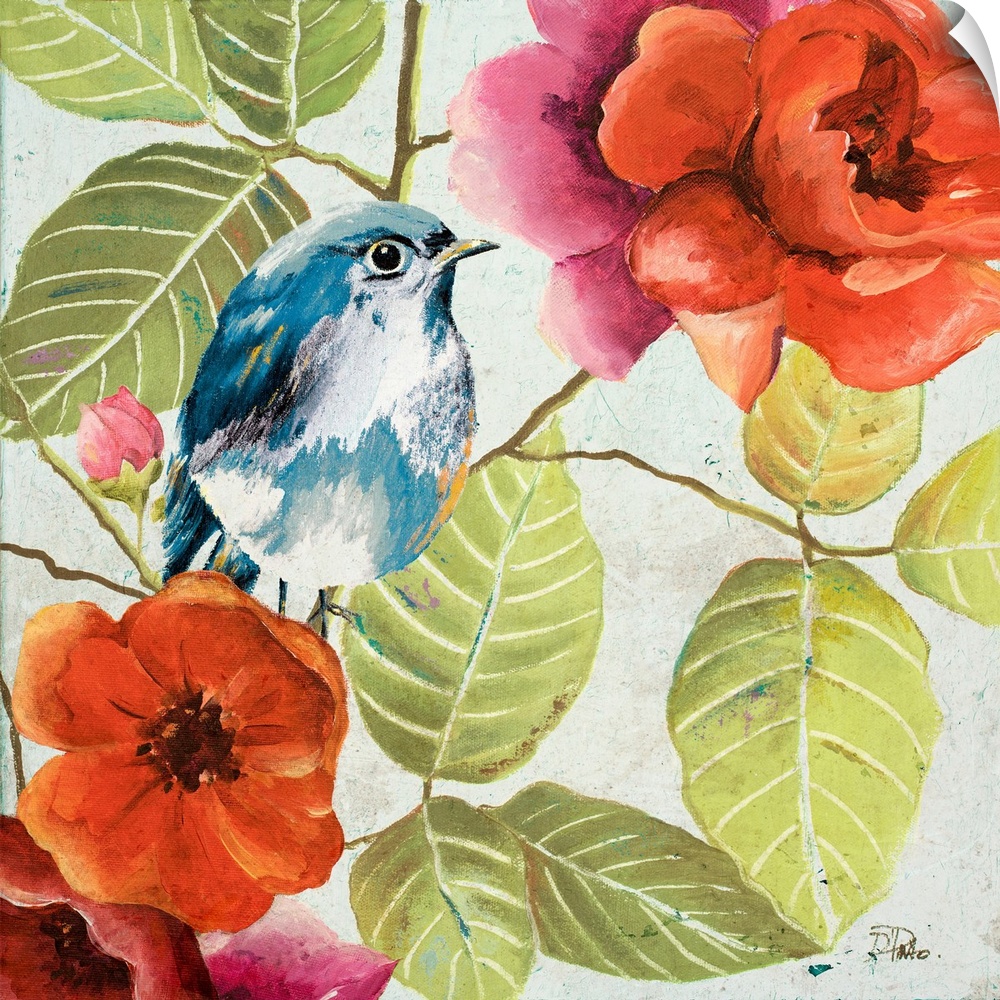 Square painting of a blue and white bird perched on a branch amongst green leaves and orange and pink flowers.