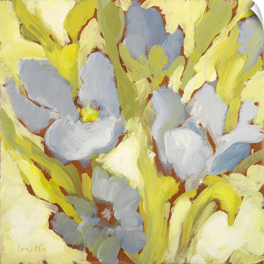 Contemporary painting of a group of pale blue flowers.