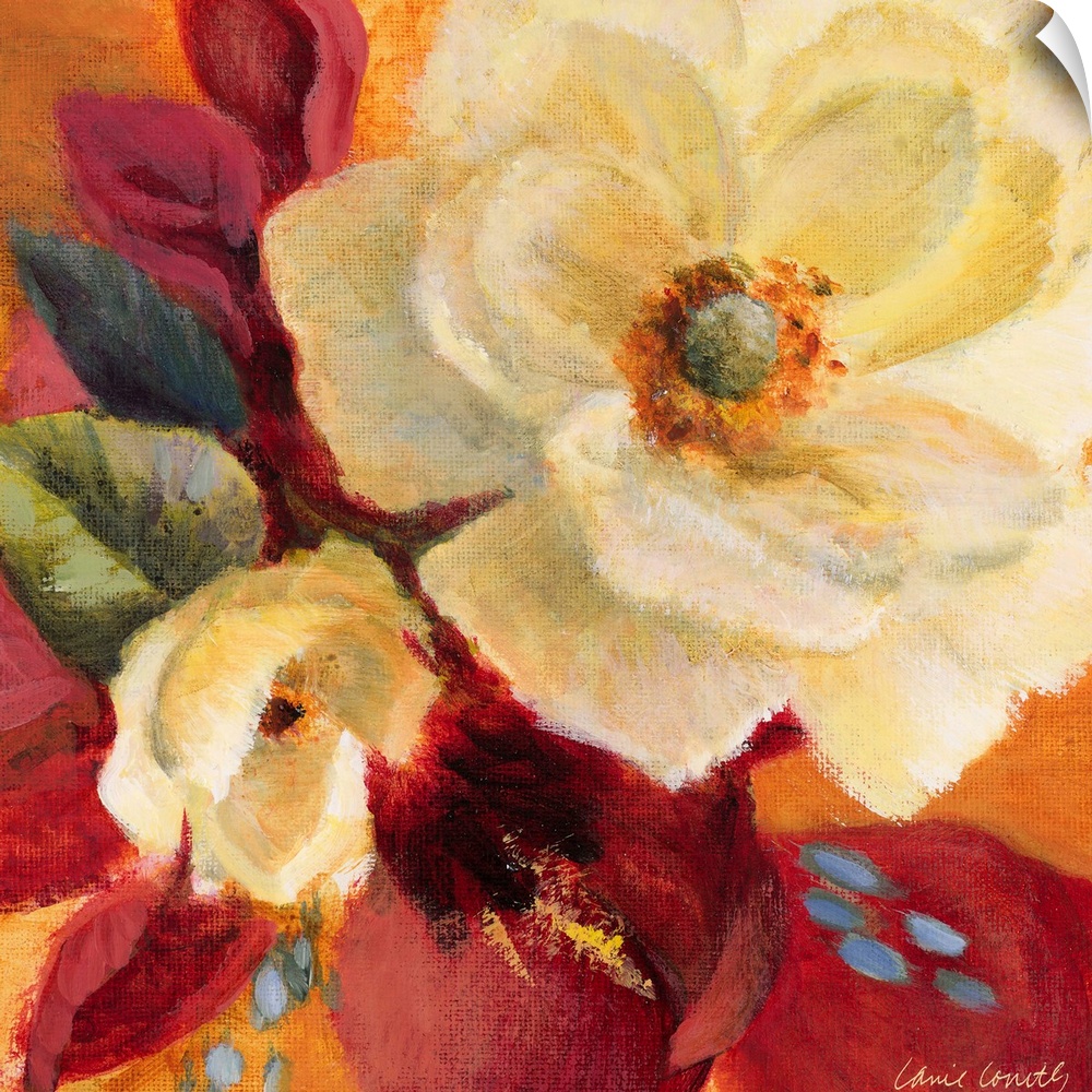 Large closeup artwork of two flowers blooming. Rough texture throughout.