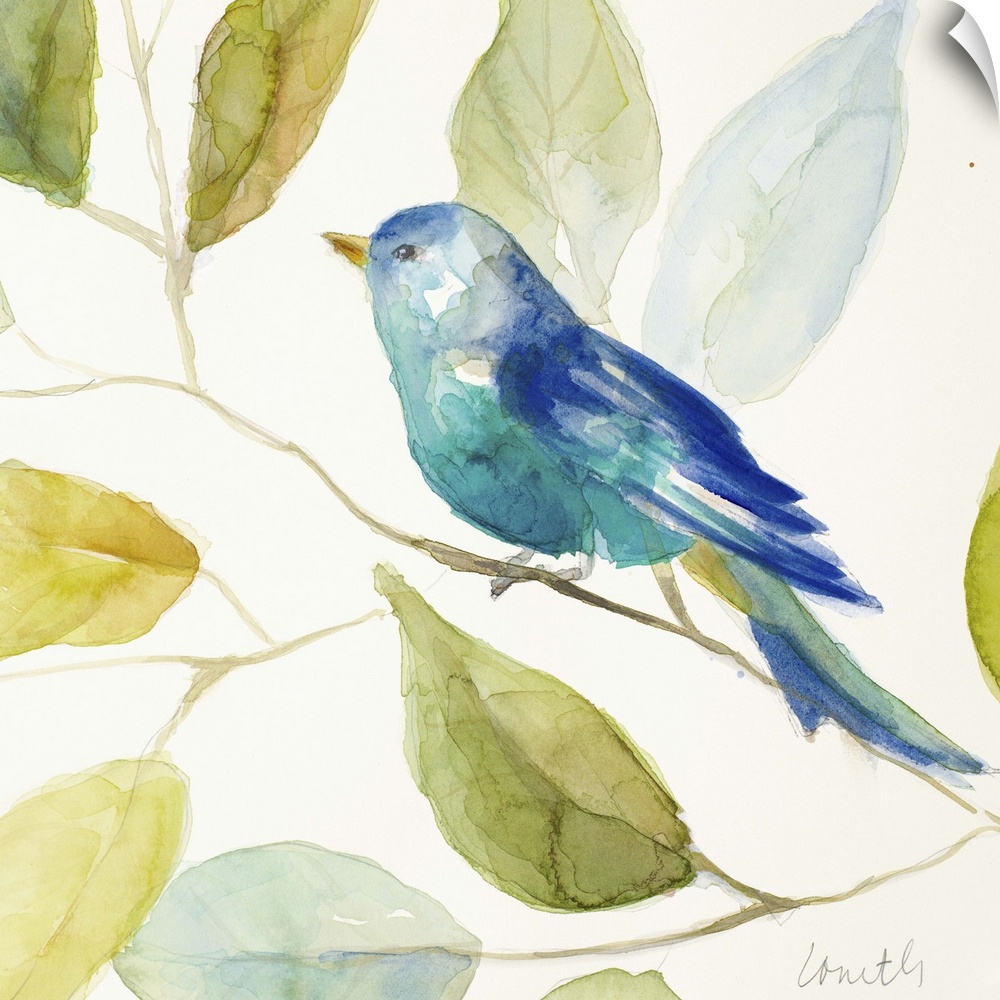 Square watercolor painting of a bird made with different shades of blue perched on a tree branch, surrounded by green, yel...