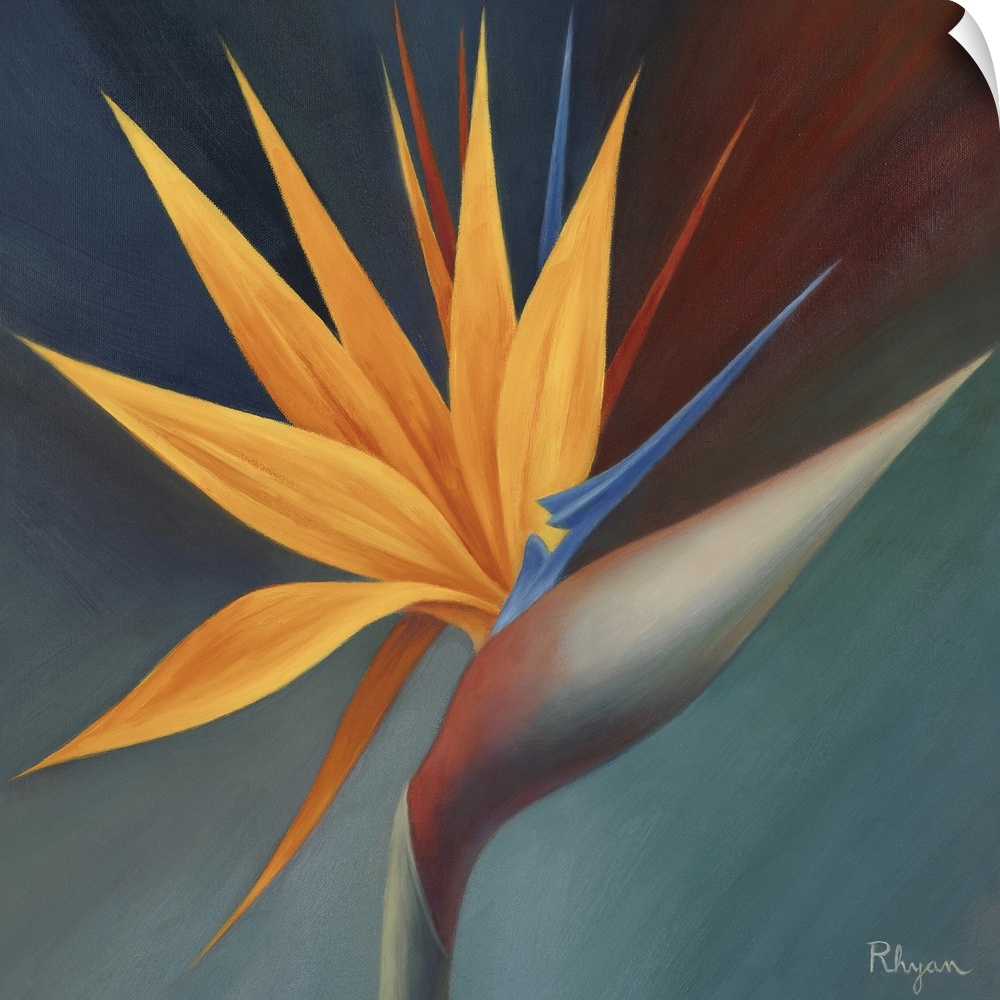 This is a square painting by a contemporary artist of a spikey, tropical plant against a dark, simple backdrop.
