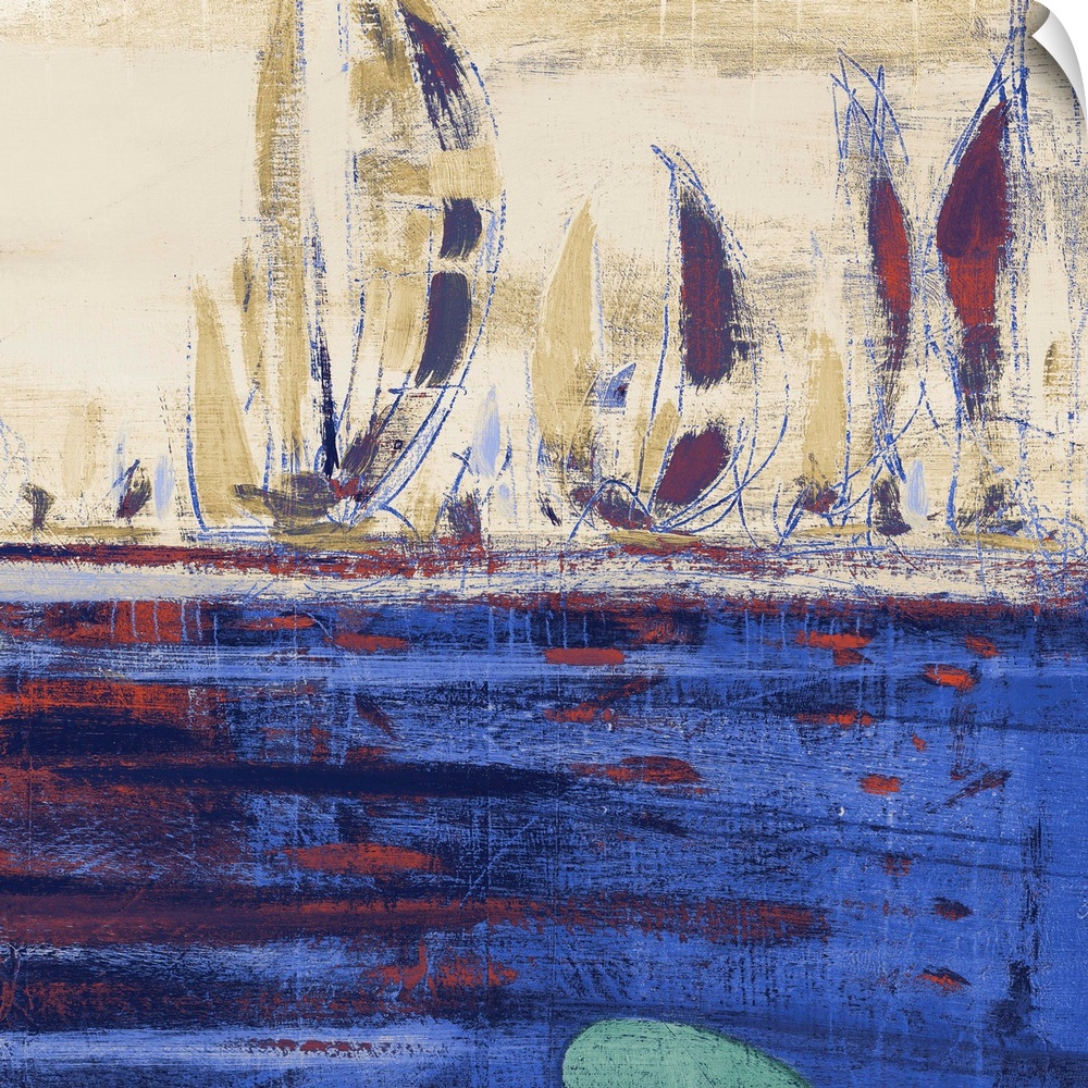 Abstract contemporary artwork of boats with tall sails on the water.