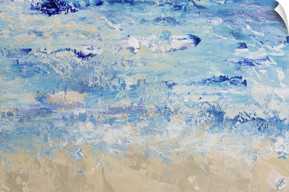 A contemporary abstract painting with various blue hues with added white and tan hues to resemble ocean waves crashing on ...